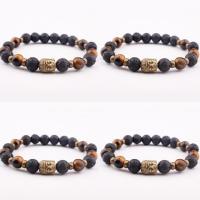 Gemstone Bracelets, Lava, with Tiger Eye & Zinc Alloy, Buddha, gold color plated, elastic & Unisex, mixed colors, 8mm 