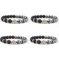 Gemstone Hematite Bracelets, Lava, with Non Magnetic Hematite & Zinc Alloy, Buddha, silver color plated, elastic & Unisex, mixed colors, 8mm .5 Inch 
