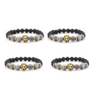 Gemstone Bracelets, Lava, with Map Stone & Zinc Alloy, Lion, gold color plated, elastic & Unisex, mixed colors, 8mm .5 Inch 