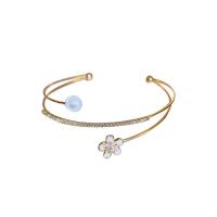 Brass Cuff Bangle, with Plastic Pearl, Flower, real gold plated, fashion jewelry & micro pave cubic zirconia & for woman, golden 