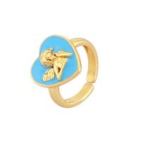 Brass Finger Ring, Heart, gold color plated, Adjustable & for woman & enamel 