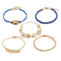 Zinc Alloy Anklet, with Wax Cord & Shell, gold color plated, 5 pieces & for woman, blue, 6cm,18cm,19cm,20cm 