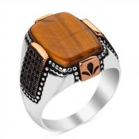 Gemstone Zinc Alloy Finger Ring, with Tiger Eye, fashion jewelry & for man 