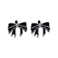 Zinc Alloy Rhinestone Drop Earring, with Velveteen, Bowknot, silver color plated, fashion jewelry & for woman & with rhinestone, black 