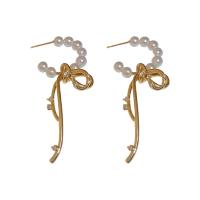 Brass Drop Earring, with Plastic Pearl, Bowknot, real gold plated, fashion jewelry & micro pave cubic zirconia & for woman, golden 