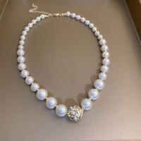 Plastic Pearl Necklace, with Magnet & Brass, Round, gold color plated, fashion jewelry & for woman & with rhinestone, white .5-42.7 cm 
