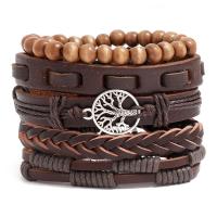 PU Leather Cord Bracelets, with Wax Cord & Wood & Zinc Alloy, Tree, 5 pieces & fashion jewelry & Unisex 