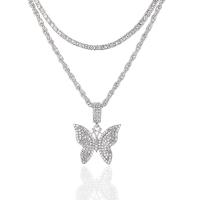Rhinestone Zinc Alloy Necklace, Butterfly, plated, Double Layer & fashion jewelry & Unisex & with rhinestone Inch, 24 Inch 