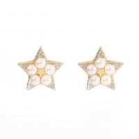 Cubic Zirconia Micro Pave Brass Earring, Star, gold color plated, micro pave cubic zirconia & for woman & with plastic pearl 