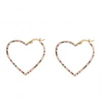 Brass Hoop Earring, Heart, gold color plated, micro pave cubic zirconia & for woman, multi-colored 
