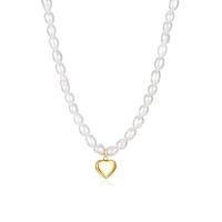 Natural Freshwater Pearl Necklace, 304 Stainless Steel, with Freshwater Pearl, with 2.17inch extender chain, Heart, Vacuum Ion Plating, fashion jewelry & for woman Approx 15.75 Inch 