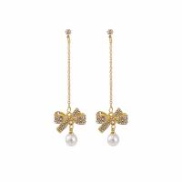 Plastic Pearl Zinc Alloy Earring, with Plastic Pearl, Bowknot, fashion jewelry & for woman & with rhinestone, golden 