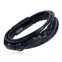 PU Leather Cord Bracelets, with Cowhide & Wax Cord & 304 Stainless Steel & Zinc Alloy, fashion jewelry & Unisex black 