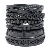 PU Leather Cord Bracelets, with Linen & Cowhide & Wax Cord, 6 pieces & fashion jewelry & Unisex, black 