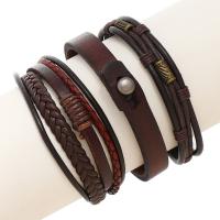 Cowhide Bracelets, with PU Leather & Wax Cord & Zinc Alloy, antique brass color plated, three pieces & fashion jewelry & Unisex, brown 