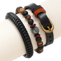 Cowhide Bracelets, with PU Leather & Wax Cord & Wood & Zinc Alloy, antique gold color plated, three pieces & fashion jewelry & Unisex, multi-colored 
