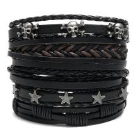 PU Leather Cord Bracelets, with Cowhide & Wax Cord & Zinc Alloy, plated, 5 pieces & fashion jewelry & Unisex, black 