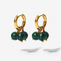 Huggie Hoop Drop Earring, Acier inoxydable 304, avec Malachite, Rond, Placage ionique sous vide, bijoux de mode & pour femme, doré Vendu par paire