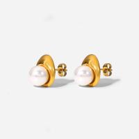 Stainless Steel Pearl Stud Earring, 304 Stainless Steel, with Plastic Pearl, Round, Vacuum Ion Plating, fashion jewelry & for woman, golden 