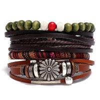 Cowhide Bracelets, with Linen & Wood & Copper Coated Plastic & Zinc Alloy, 4 pieces & fashion jewelry & Unisex, multi-colored 