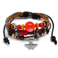 Cowhide Bracelets, with Linen & Wood & Zinc Alloy, fashion jewelry & Unisex, multi-colored 