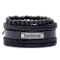 Cowhide Bracelets, with PU Leather & Wax Cord & Wood & Zinc Alloy, 4 pieces & fashion jewelry & Unisex, black, 17-18cm 