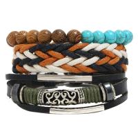 Cowhide Bracelets, with Wax Cord & Wood & Zinc Alloy, 3 pieces & fashion jewelry & Unisex, multi-colored, 17-18cm 