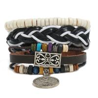 Cowhide Bracelets, with Linen & Wax Cord & Wood & Zinc Alloy, 3 pieces & fashion jewelry & Unisex, multi-colored, 17-18cm 