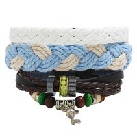 Cowhide Bracelets, with Linen & PU Leather & Wax Cord & Wood & Zinc Alloy, 3 pieces & fashion jewelry & Unisex, multi-colored, 17-18cm 