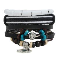 Cowhide Bracelets, with Linen & PU Leather & Wood & Copper Coated Plastic, 3 pieces & fashion jewelry & Unisex, multi-colored, 17-18cm 