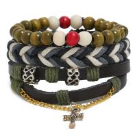 Cowhide Bracelets, with Wax Cord & Wood & Zinc Alloy, 3 pieces & fashion jewelry & Unisex, multi-colored, 17-18cm 
