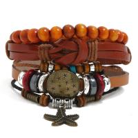 Cowhide Bracelets, with Wax Cord & Wood & Copper Coated Plastic & Zinc Alloy, antique bronze color plated, 3 pieces & fashion jewelry & Unisex, multi-colored, 17-18cm 