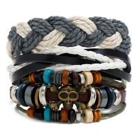Cowhide Bracelets, with Linen & PU Leather & Wood & Zinc Alloy, plated, 3 pieces & fashion jewelry & Unisex, multi-colored, 17-18cm 