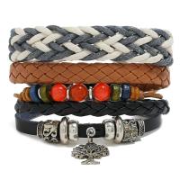 PU Leather Cord Bracelets, Linen, with PU Leather & Wax Cord & Wood & Zinc Alloy, 3 pieces & fashion jewelry & Unisex, multi-colored, 17-18cm 
