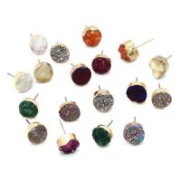Ice Quartz Agate Stud Earring, with Brass, Flat Round, gold color plated, for woman 