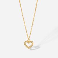 Cubic Zirconia Stainless Steel Necklace, 304 Stainless Steel, with 2inch extender chain, Heart, Vacuum Ion Plating, Adjustable & fashion jewelry & micro pave cubic zirconia & for woman & hollow, golden, 12.13mm cm 