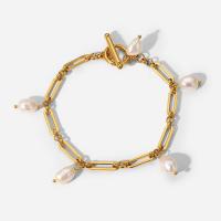 Perlen Armbänder, 304 Edelstahl, mit Natürliche kultivierte Süßwasserperlen, Vakuum-Ionen-Beschichtung, Modeschmuck & für Frau, goldfarben, Länge:19.8 cm, verkauft von PC