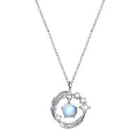 Cubic Zircon Micro Pave Sterling Silver Necklace, 925 Sterling Silver, with Moonstone, platinum plated, micro pave cubic zirconia & for woman & hollow Approx 17.7 Inch 