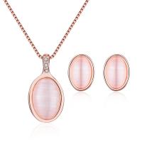 Rhinestone Zinc Alloy Jewelry Set, Stud Earring & necklace, with Cats Eye, rose gold color plated, 2 pieces & for woman & with rhinestone, rose gold color, 11*20mm,11*19mm Approx 15.75 Inch 