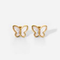 Titanium Steel Earrings, with White Shell, Butterfly, Vacuum Ion Plating, fashion jewelry & for woman, golden 