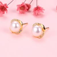 Freshwater Pearl Stud Earring, 925 Sterling Silver, with Freshwater Pearl, Crown, plated, with plastic earnut & for woman & with rhinestone 8.5mm 