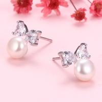 Freshwater Pearl Stud Earring, 925 Sterling Silver, with Freshwater Pearl, Bowknot, platinum plated, with plastic earnut & micro pave cubic zirconia & for woman 