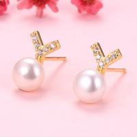 Freshwater Pearl Stud Earring, 925 Sterling Silver, with Freshwater Pearl, Letter Y, plated, with plastic earnut & for woman & with rhinestone 