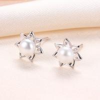 Freshwater Pearl Stud Earring, 925 Sterling Silver, with Freshwater Pearl, Flower, plated, with plastic earnut & for woman & hollow 9mm 