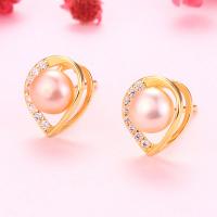 Freshwater Pearl Stud Earring, 925 Sterling Silver, with Freshwater Pearl, Heart, plated, with plastic earnut & for woman & with rhinestone & hollow 