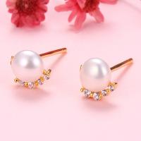 Freshwater Pearl Stud Earring, 925 Sterling Silver, with Freshwater Pearl, plated, with plastic earnut & for woman & with rhinestone 