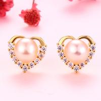 Freshwater Pearl Stud Earring, 925 Sterling Silver, with Freshwater Pearl, Heart, plated, with plastic earnut & for woman & with rhinestone 