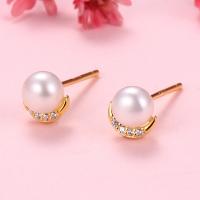 Freshwater Pearl Stud Earring, 925 Sterling Silver, with Freshwater Pearl, Moon, plated, with plastic earnut & micro pave cubic zirconia & for woman 