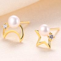 Freshwater Pearl Stud Earring, 925 Sterling Silver, with Freshwater Pearl, Moon and Star, gold color plated, with plastic earnut & for woman & with rhinestone & hollow 