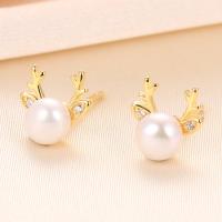Sterling Silver Natural Pearl Stud Earring, 925 Sterling Silver, with Freshwater Pearl, Antlers, plated, with plastic earnut & for woman & with rhinestone 
